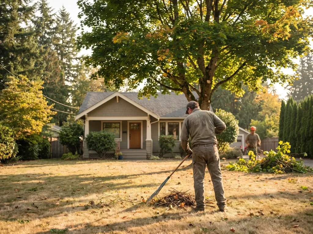 Crew member raking a lawn clean after pruning