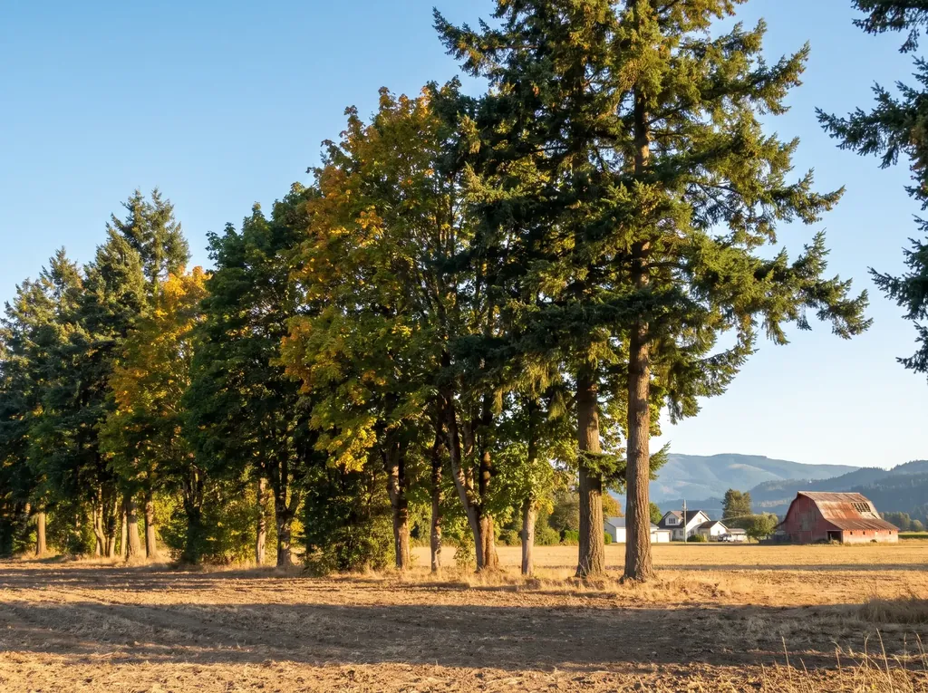 Windbreak trees across farmland near Sumas