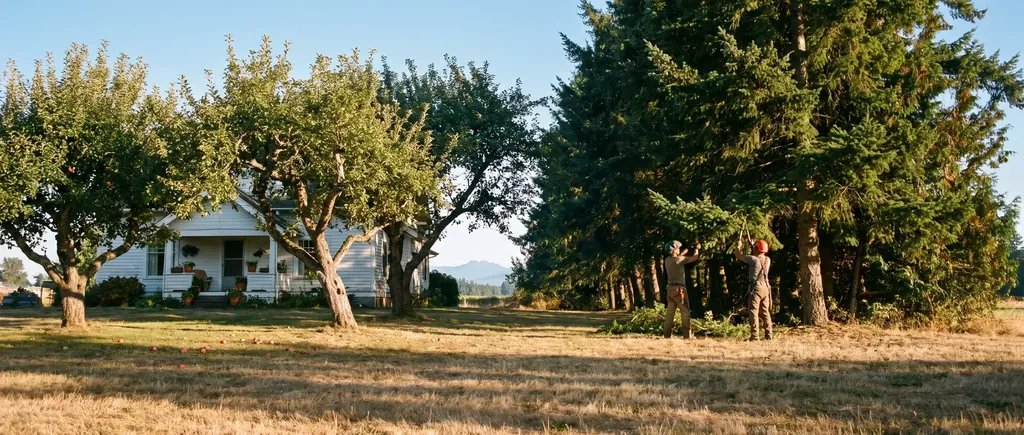 Old orchard trees and a windbreak beside a Lynden farmhouse