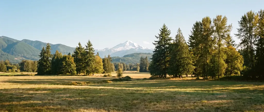 Whatcom County farmland and foothills with Mount Baker beyond