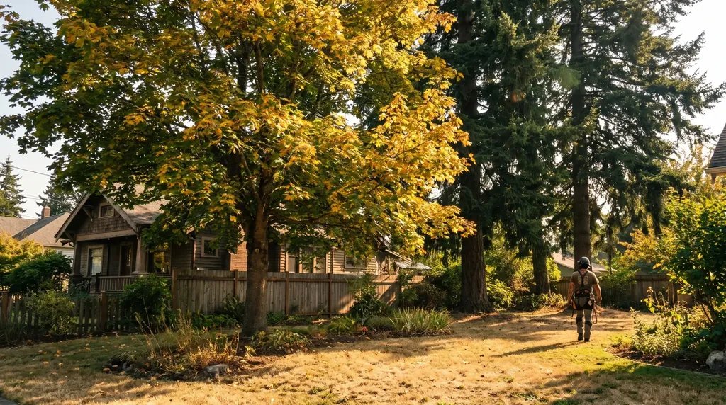 Maple turning gold in autumn beside evergreen firs