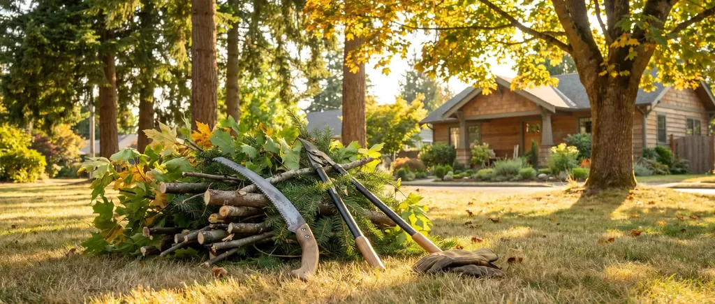 Pruning saw and loppers resting on a freshly pruned branch pile