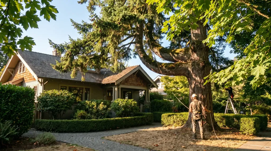 Large fir overhanging a house roof
