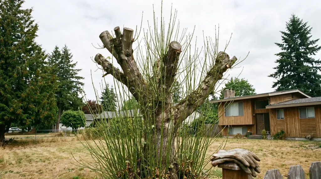 Topped tree regrowing with dense upright sprouts