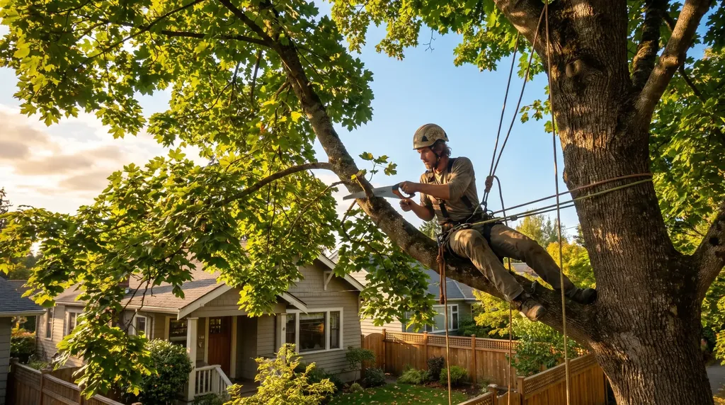 Climber pruning a big-leaf maple over a Bellingham house in warm late-summer light
