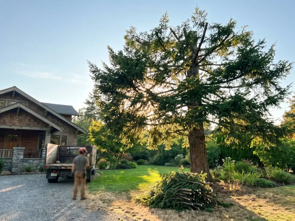 Freshly thinned conifer with light coming through its crown beside a home