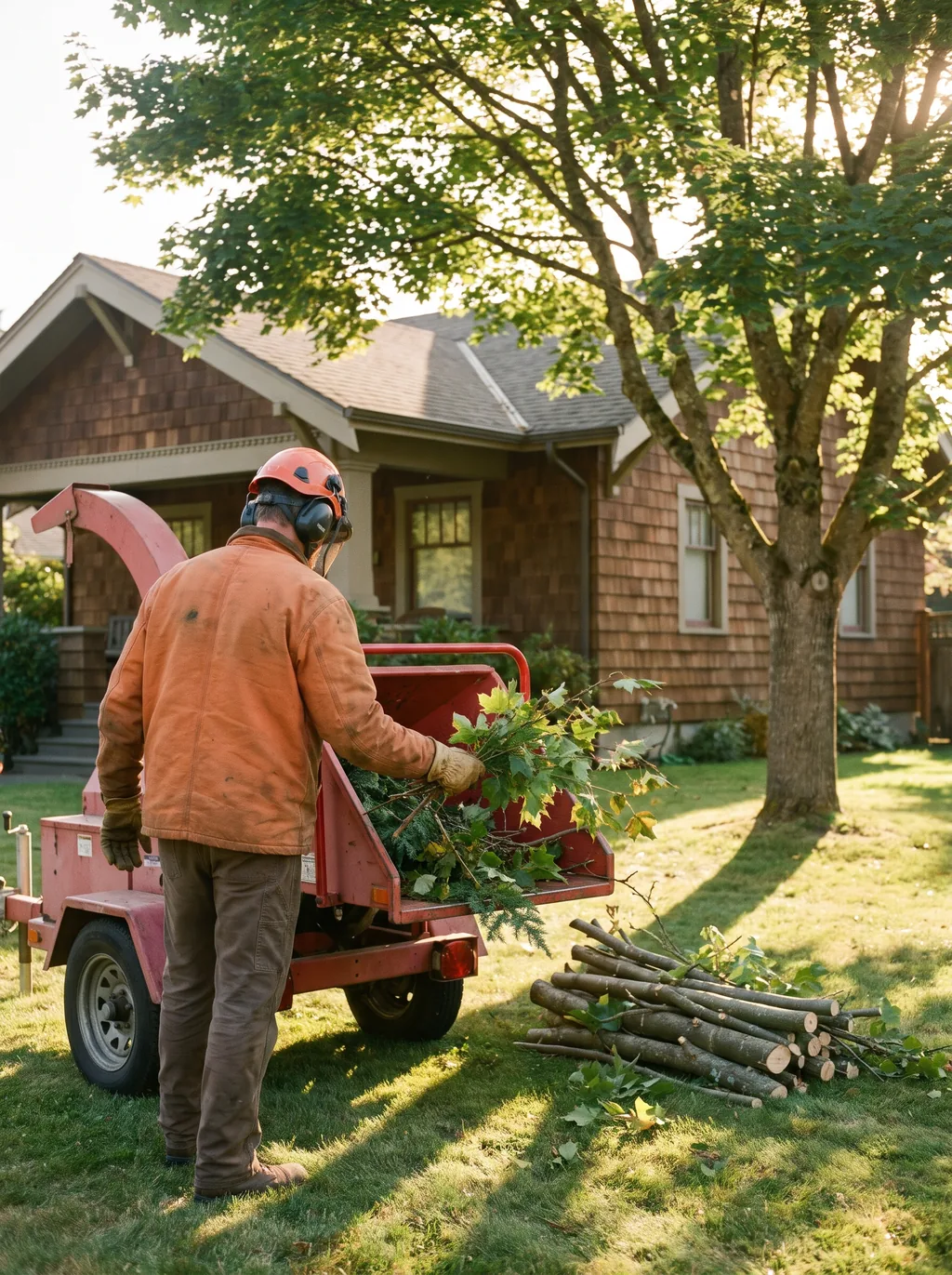 Ground worker feeding pruned branches into a wood chipper beside a Bellingham home