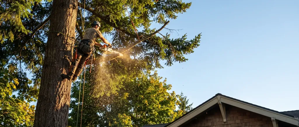 Climber pruning the crown of a tall fir against a clear blue sky
