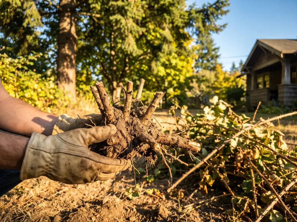 Blackberry root crown dug out of the soil