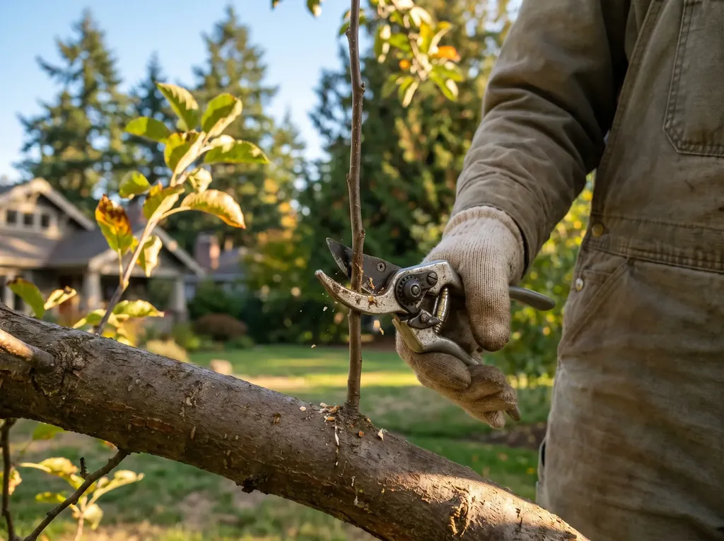 Hand pruners cutting a water sprout on an apple branch