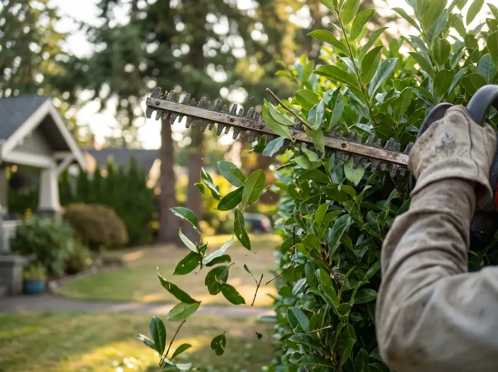Hedge trimmer cutting along the top of a laurel hedge
