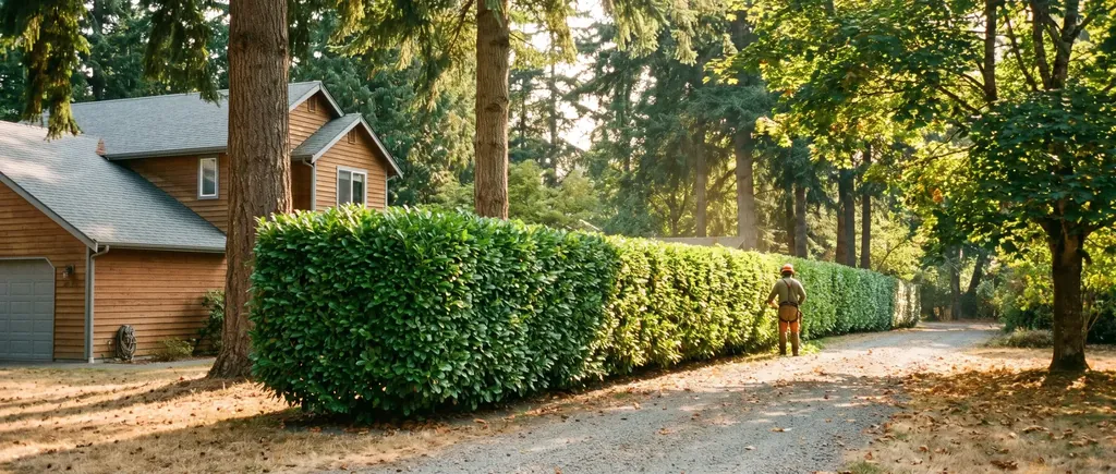 Long laurel hedge freshly trimmed along a driveway
