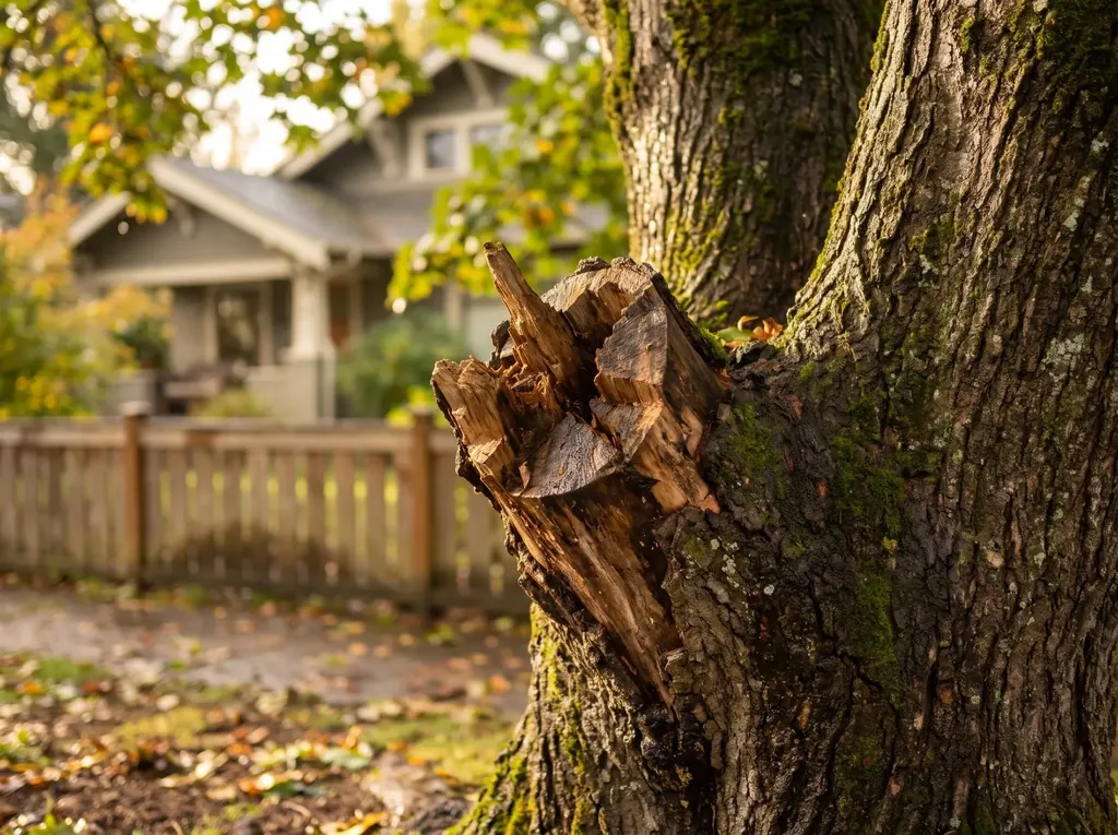 Torn branch stub on a tree after a storm