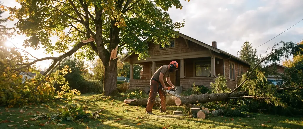Worker clearing storm-broken branches from a yard