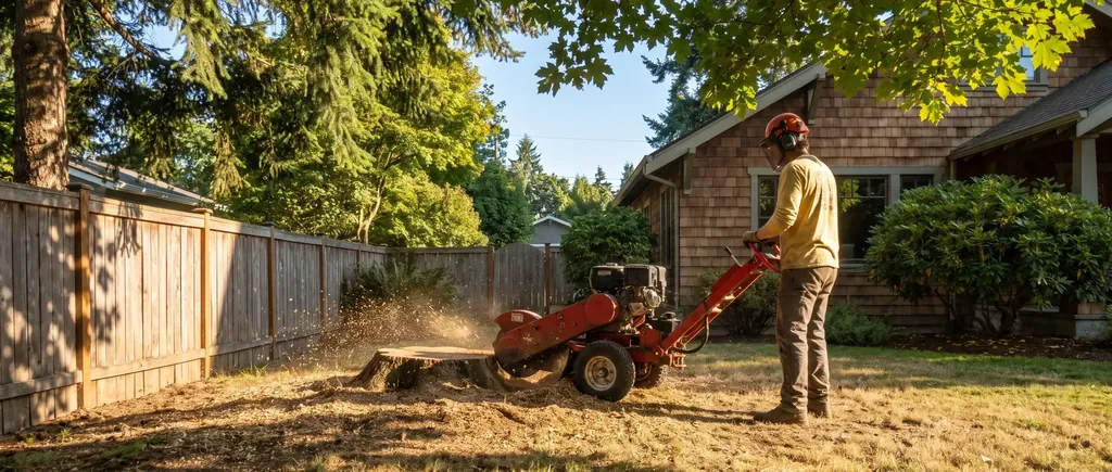 Stump grinder clearing a stump in a sunny backyard