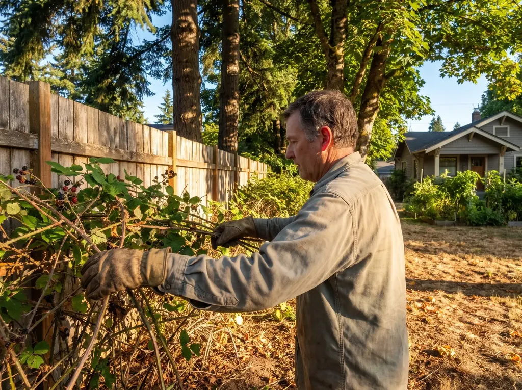 Worker clearing Himalayan blackberry along a fence