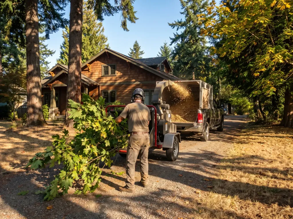 Chipper spraying wood chips into a truck