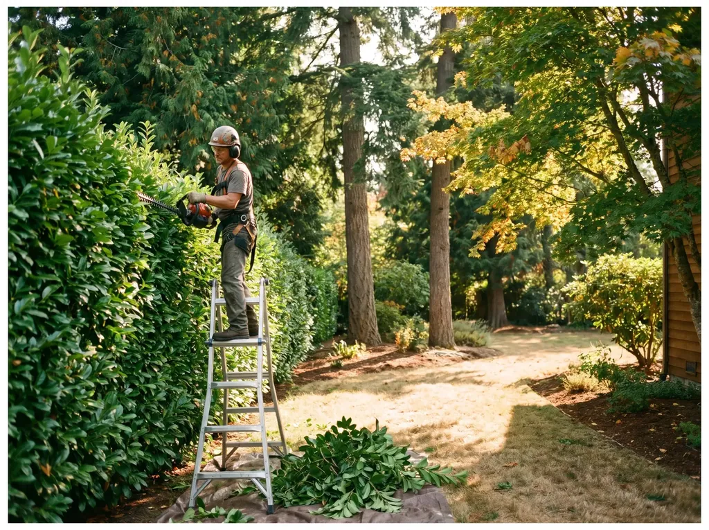 Tall laurel hedge being trimmed into a crisp line