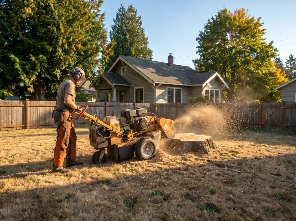 Stump grinder working a fir stump on a sunny lawn