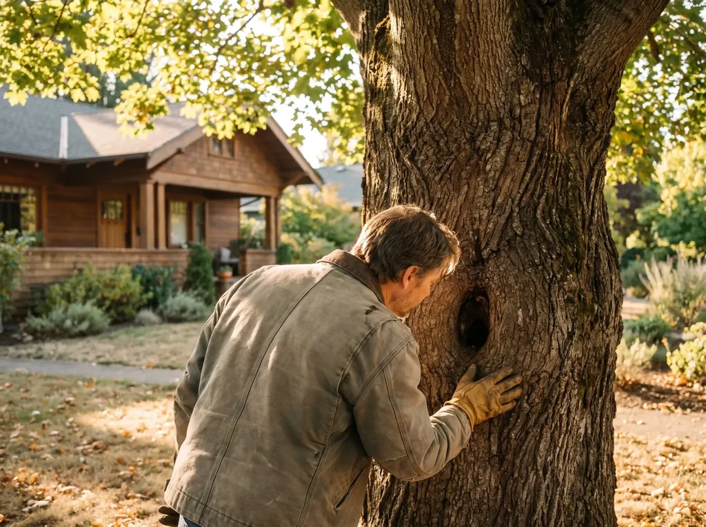 Person inspecting the trunk of a large tree