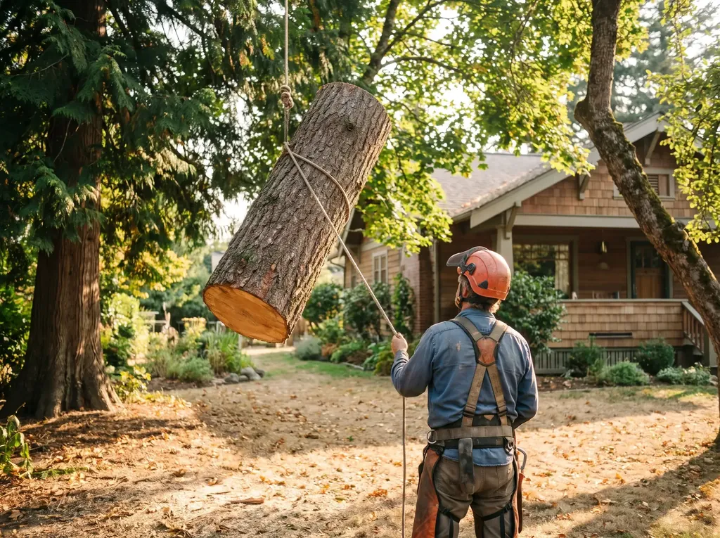 Trunk section being lowered from a tree on a rope