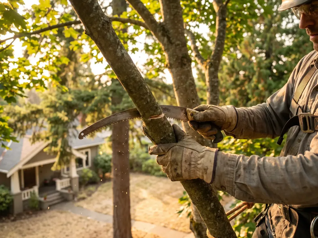 Arborist making a clean pruning cut on a maple branch