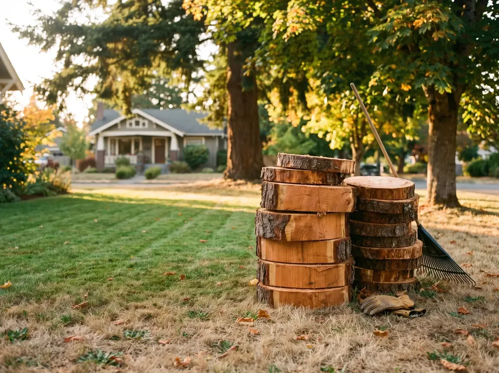 Cut rounds stacked neatly after a tree removal