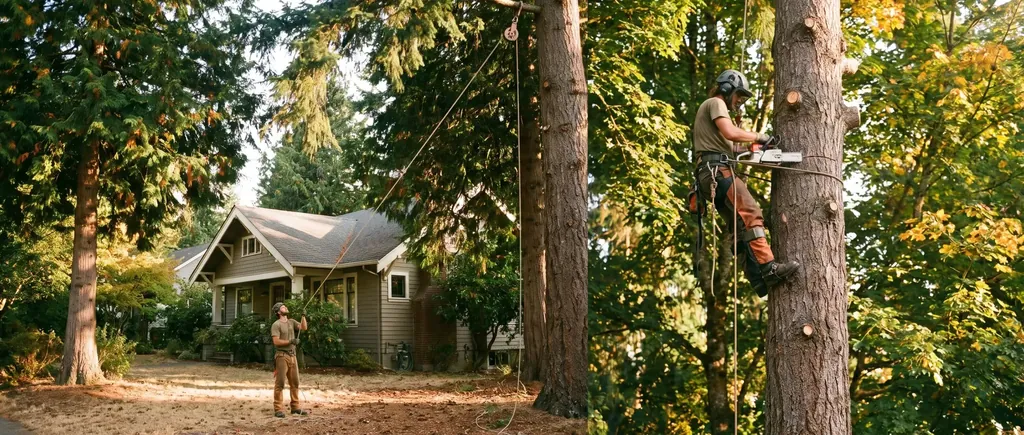 Climber taking down a tree in sections beside a house