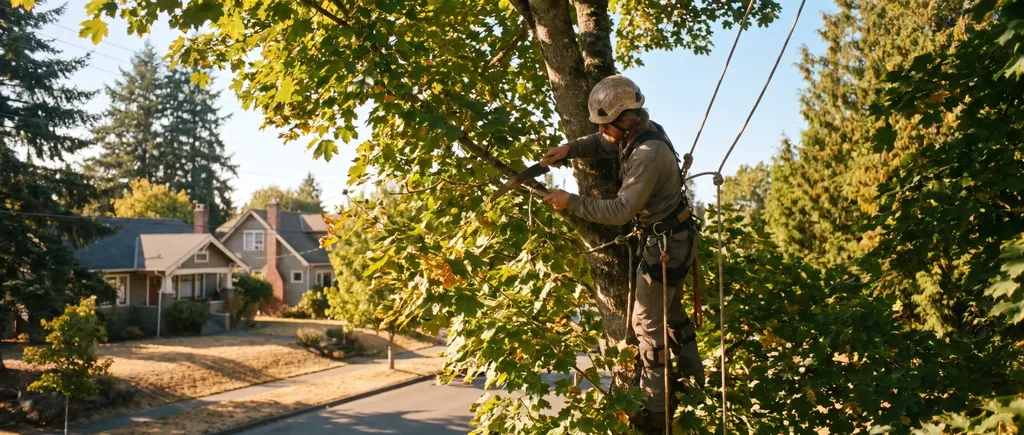 Climber thinning the crown of a big-leaf maple above a quiet Bellingham street