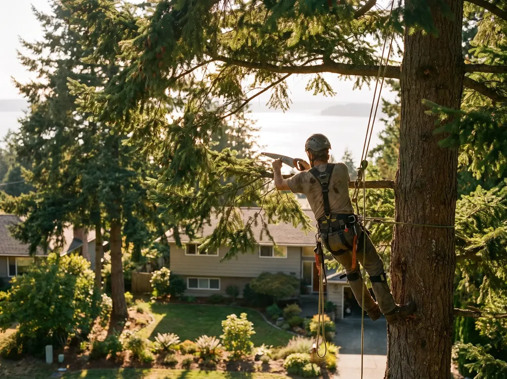Climber thinning a conifer crown to open a view